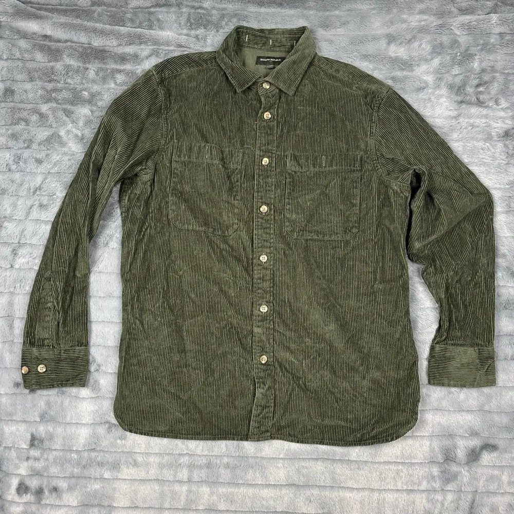 Banana Republic Mens Olive Green Corduroy Button Down Shirt Large 100% Cotton